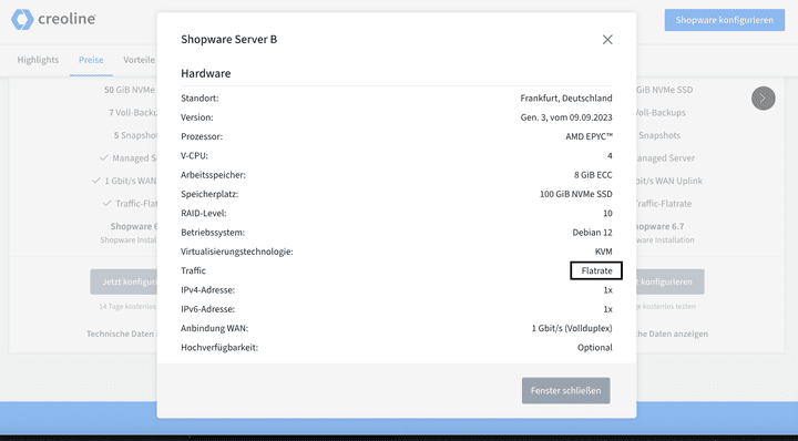 Als Beispiel hier einmal die Konditionen für den Shopware Sever B von creoline im Überblick