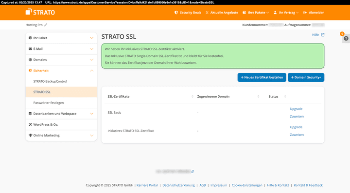 Sehr schön: Ein kostenloses SSL-Zertifikat ist in allen STRATO-Tarifen mit dabei.