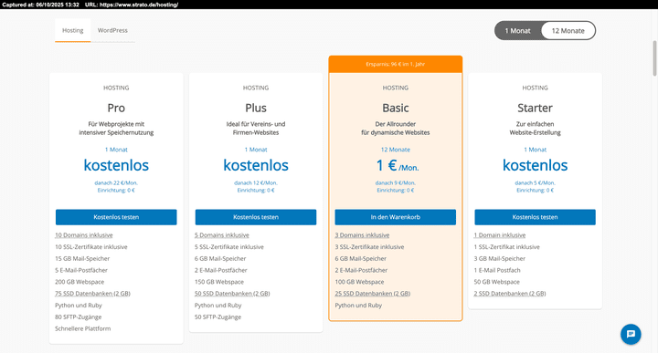 Die Tarifübersicht bei STRATO Webhosting (Stand: Juli 2025)