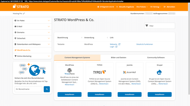 Hier nur ein kleiner Einblick in die Auswahl der verfügbaren One-Click-Installationen bei STRATO.