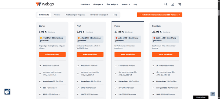 Hier siehst du die Preise für die HDD-Tarife von webgo im Überblick.