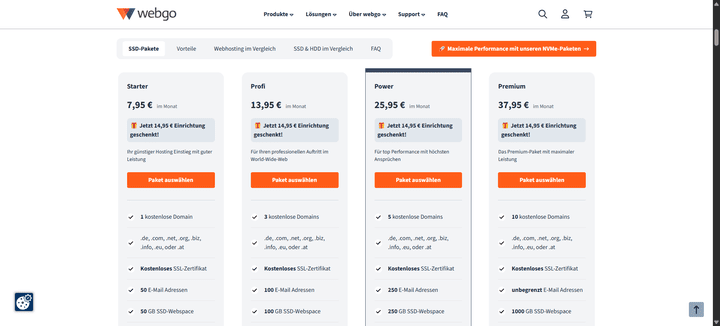 Hier siehst du die Preise für die SSD-Tarife von webgo im Überblick.