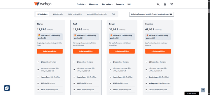 Hier siehst du die Preise für die NVMe-Tarife von webgo im Überblick.