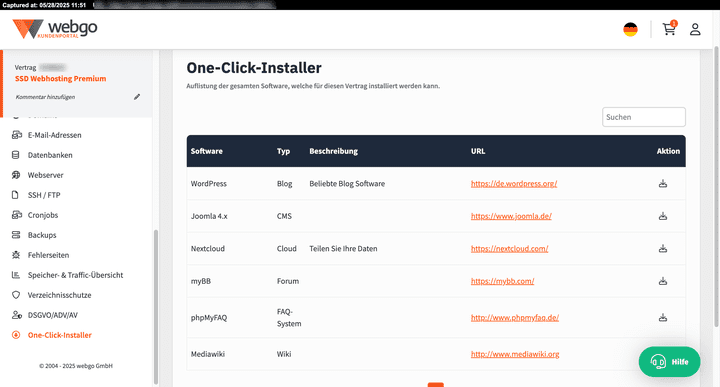 Eine unvollständige Liste der verfügbaren One-Click-Installationen? Nicht ganz; webgo bietet tatsächlich nur 6 Apps im One-Click-Installer an; weniger als alle anderen getesteten Anbieter.