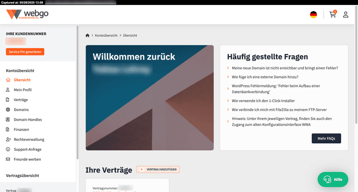 Auf den ersten Blick sieht bei webgo eigentlich alles gut aus; das Kundendashboard macht einen übersichtlichen Eindruck und wirkt modern.