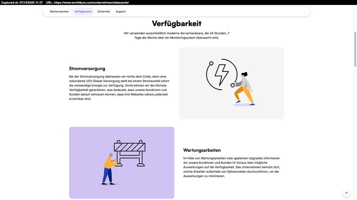 Informationen zur Stromversorgung und geplanten Wartung – world4you erklärt, wie Ausfallsicherheit und kontinuierliche Verfügbarkeit sichergestellt werden.