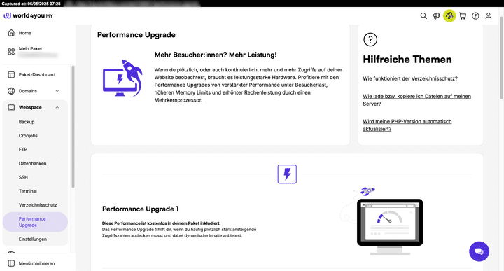 Erklärung der Performance-Upgrades bei world4you – sinnvoll für dynamische Websites mit Lastspitzen.