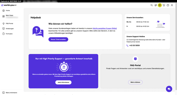 Startseite des Hilfebereis im world4you-Dasboard.