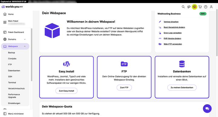 Zentrale Webspace-Ansicht mit Zugriff auf Easy-Install, FTP und Datenbanken.