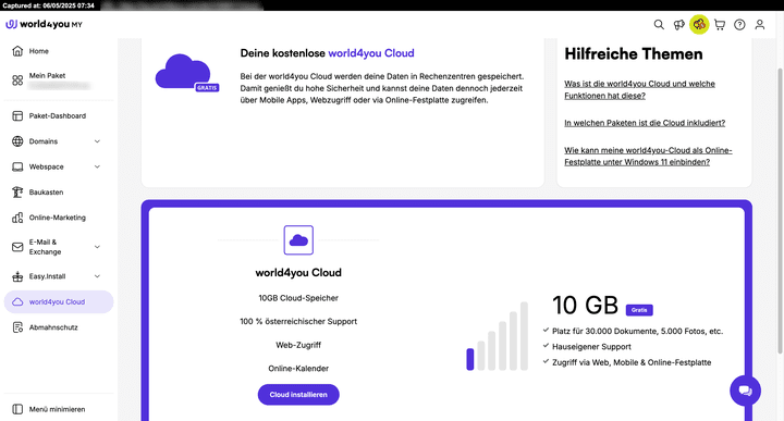 world4you bietet 10 GB kostenlosen Cloud-Speicher mit Zugriff über über Web, App und Online-Festplatte.