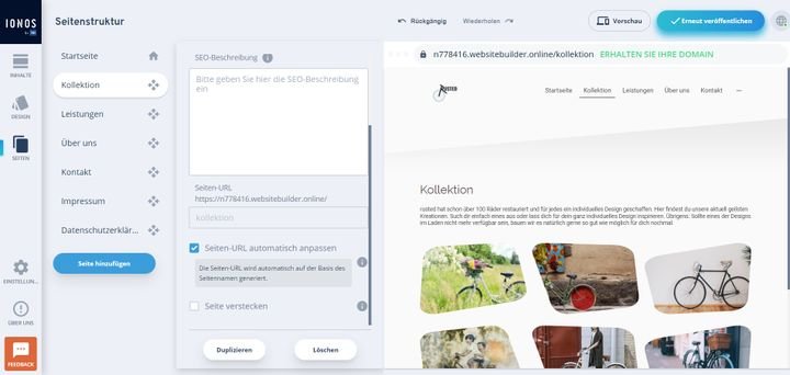 Im Seitenmenü fügen Sie weitere Unterseiten hinzu oder passen die Navigation Ihrer Page an