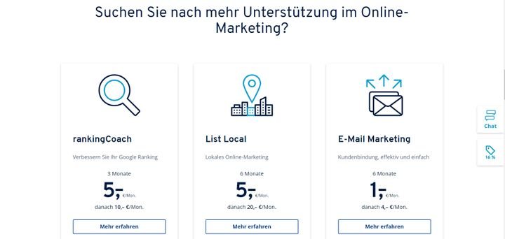Für erweiterte Marketing-Optionen berechnet IONOS jeweils extra
