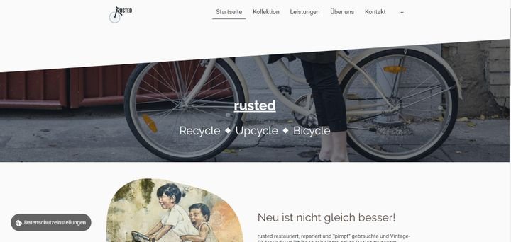 Die in IONOS MyWebsite erstellte Startseite für das Fahrrad-Startup “rusted”