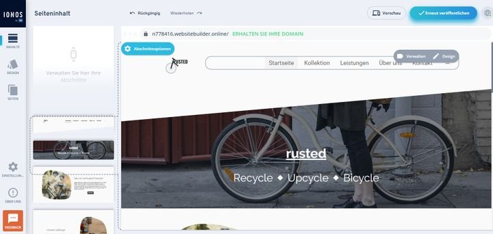 Die Benutzeroberfläche von IONOS MyWebsite glänzt durch Einfachheit und Understatement