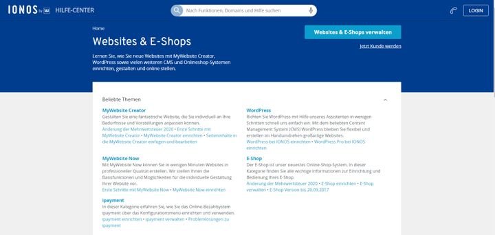 Im übersichtlichen Hilfeportal finden Sie die wichtigsten Infos für die ersten Schritte mit IONOS MyWebsite