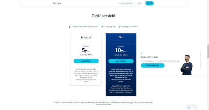 Für erweiterte Marketing-Optionen wie List Local berechnet IONOS jeweils extra