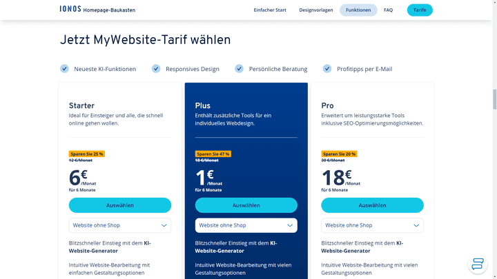 Die Preise von IONOS MyWebsite