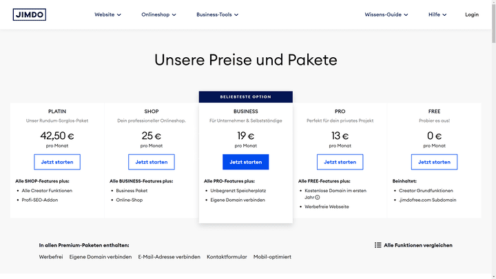 Die Tarife für den Jimdo Creator im Überblick