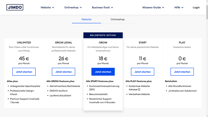 Die Tarife für Jimdo Dolphin für Websites im Überblick