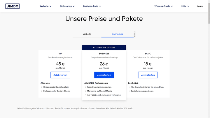 Die Tarife von Jimdo Dolphin für Online-Shops im Überblick