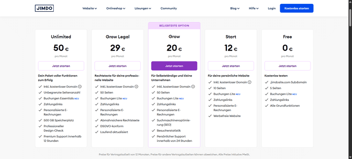 Ein Blick auf die Preise für den Website-Creator von Jimdo.