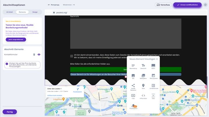 Für die Bearbeitung von einzelnen Abschnitten gibt es ein eigenes Menü