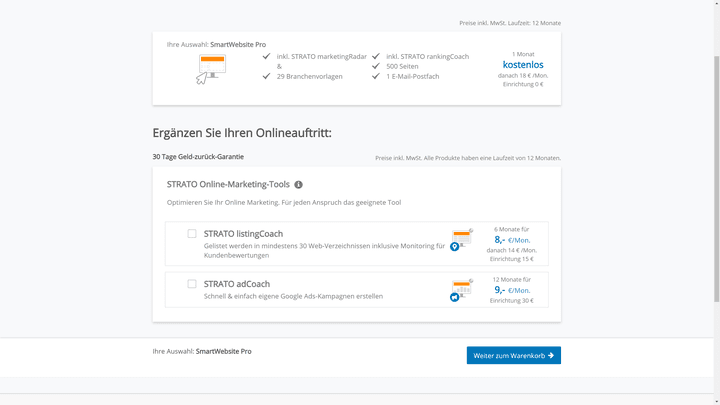 Du kannst dich gleich bei der Bestellung für die Online-Marketing-Erweiterungen von STRATO entscheiden
