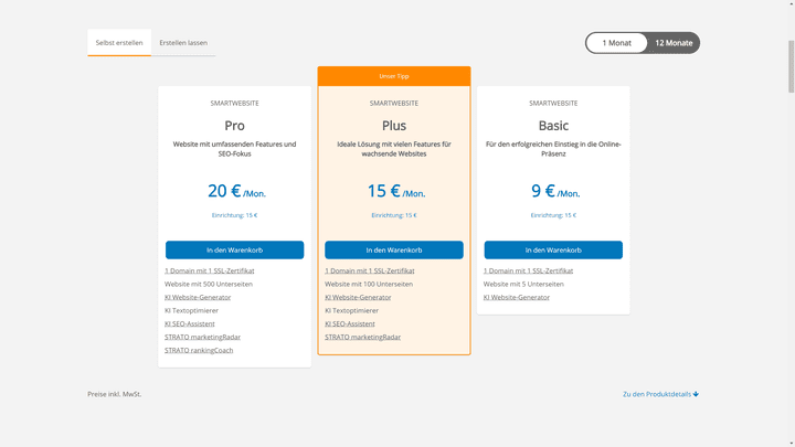 Die Preise der STRATO SmartWebshop-Tarife
