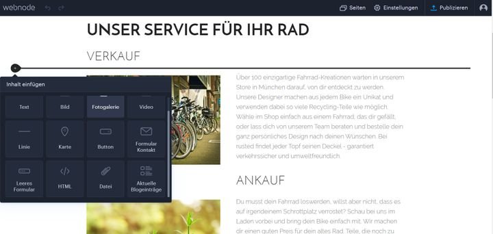 Bei Webnode können Sie in bereits bestehende Abschnitte weitere Funktionen und Widgets hinzufügen