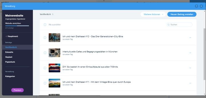 Zur Verwaltung eines Online-Shops oder Blogs müssen Sie bei Wix in das Website-Dashboard wechseln