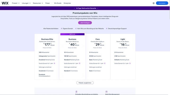 Die Preise von Wix