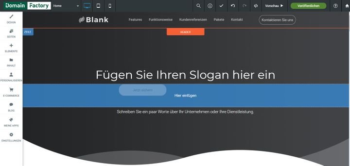 Mit dem Drag-and-Drop-Editor von DomainFactory erstellen Sie ohne Programmierkenntnisse Ihre eigene Page