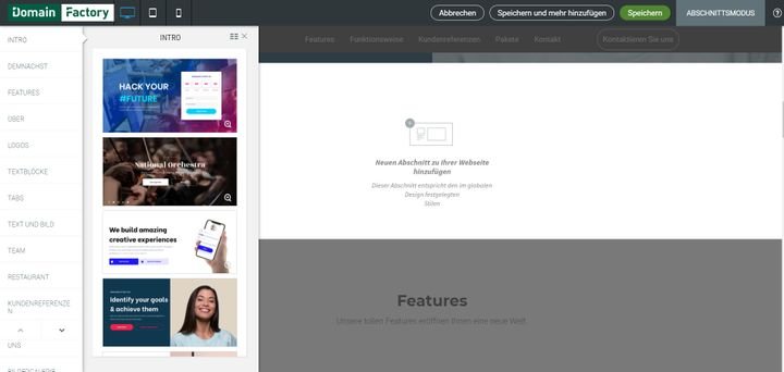 Abschnitte enthalten Inhalte wie Texte, Bilder und Videos für Ihre Page