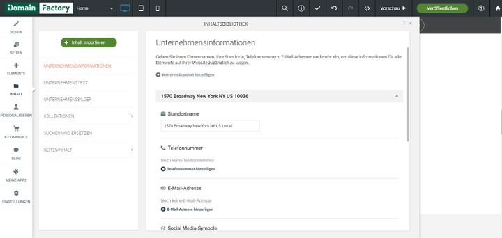 Im Inhaltsmenü pflegen Sie global Bilder und Unternehmenstexte, wie etwa die Adresse