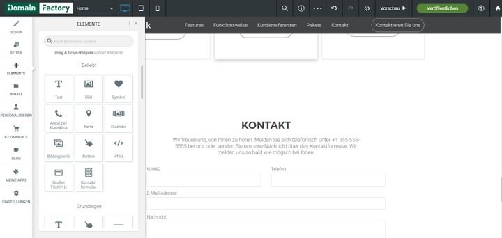 Der DomainFactory Homepage-Baukasten verfügt über eine große Auswahl an spezifischen Widgets