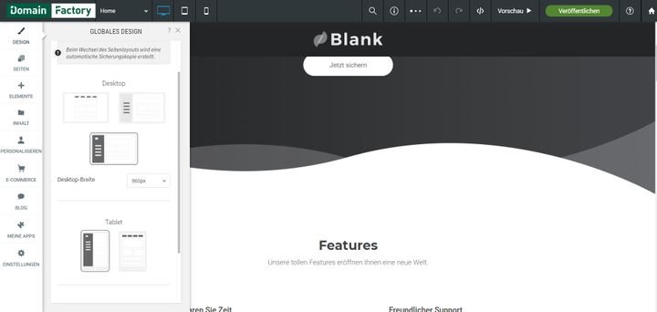 Bei DomainFactory stehen für Ihre Website zwischen zwei und drei unterschiedliche Layouts zur Verfügung