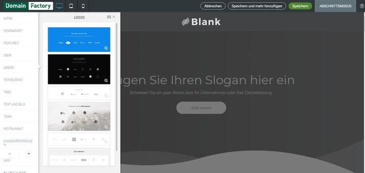 Im DomainFactory Homepage-Baukasten stellen Sie sich aus Designvorlagen, Abschnitten und Co. Ihren ganz individuellen Mix für Ihre Website zusammen