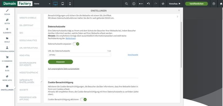 In Den Datenschutzeinstellungen fügen Sie eine Datenschutzerklärung sowie einen Cookie-Hinweis für Ihre Page hinzu