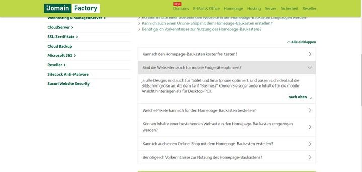 Im Online-Hilfecenter finden Sie beispielsweise allgemeine FAQ zum DomainFactory Homepage-Baukasten