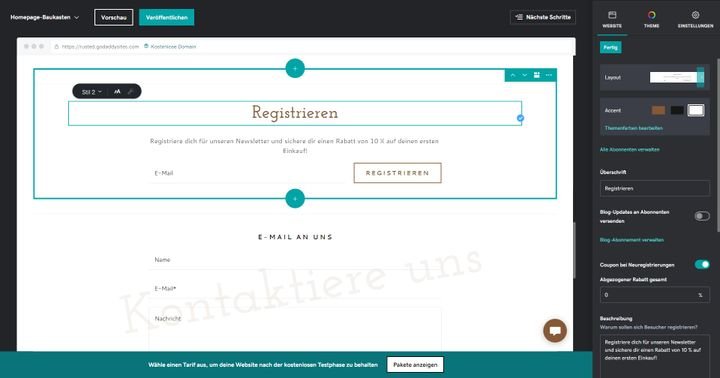 Der Editor von GoDaddy wird hauptsächlich über Klicks in Kontextmenüs gesteuert