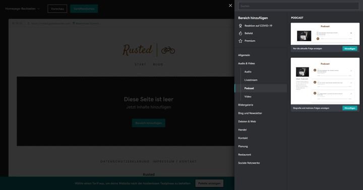 GoDaddy bietet auch einige Spezialwidgets wie etwa für Podcasts oder Livestreams