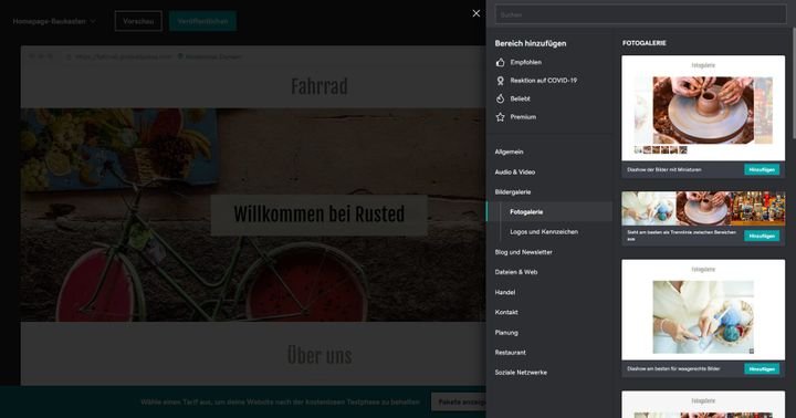 Die Widgets von GoDaddy nennen sich “Bereiche” und nehmen ganze Abschnitte Ihrer Website ein