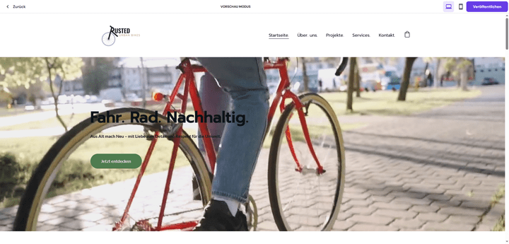 Für meinen Test habe ich eine Website für ein fiktives Fahrrad-Startup (rusted) entworfen. Hier siehst du meine mit Hostinger erstellte Startseite, mit großformatigem Video-Header, den die KI basierend auf meiner Unternehmensbeschreibung ausgewählt hat.
