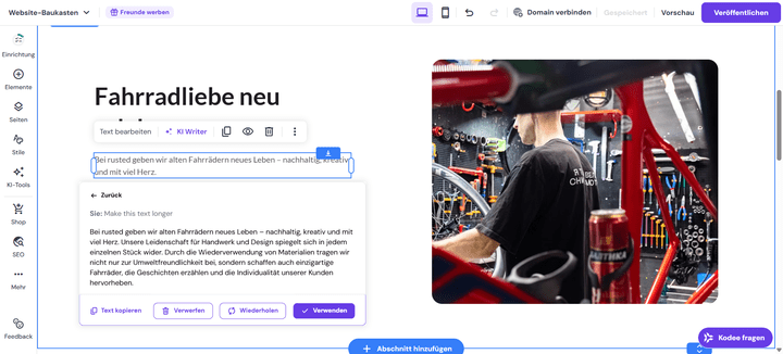 Ein Blick auf den Textgenerator von Hostinger. Der generiert dir für deine Seiten und Abschnitte Text in beliebiger Länge auf Basis deiner Eingaben.
