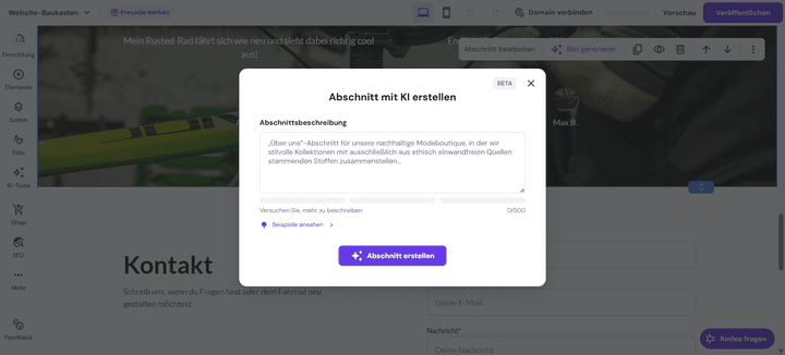 So einfach kann es gehen; beschreibe einfach die Seite oder den Abschnitt, den du hinzufügen willst, und Hostinger erledigt den Rest.