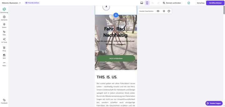 Das ist die mobile Ansicht deiner Page. Während du daran arbeitest, kannst du immer wieder hin und her schalten. Im Desktop-Modus bearbeitet es sich leichter; aber so siehst du auch immer, wie deine Seite auf Mobilgeräten aussehen würde.