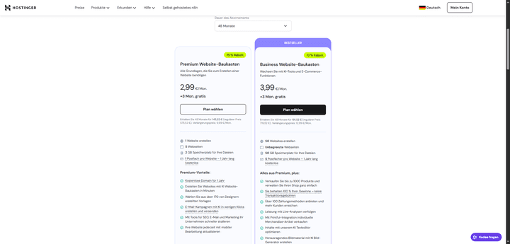 Hier die beiden Hostinger-Pakete “Premium” und “Business” im Überblick.