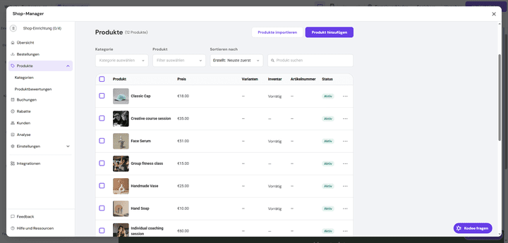In diesem Backend verwaltest du deine Produkte für deinen Online-Shop, der in Hostinger “Business” enthalten ist.