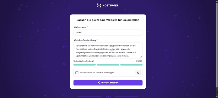 Der Homepage-Baukasten von Hostinger setzt für deine Website voll auf modernste KI. Beschreibe einfach die Seite, die du dir vorstellst und die KI erledigt den Rest.