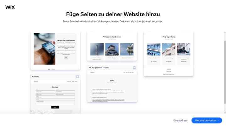 Mit Wix fügst du mit einem Klick ganze vorkonfigurierte Seiten zu deinem Webauftritt hinzu